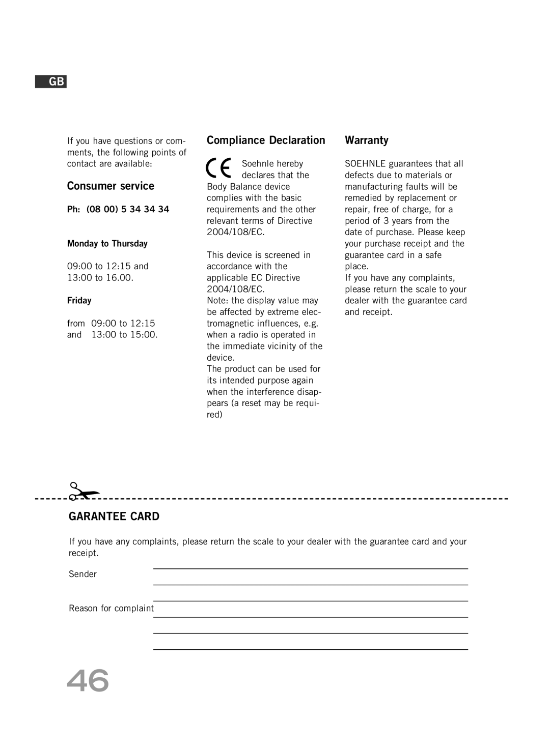 Soehnle FT 5 manual Compliance Declaration, Consumer service, Warranty 