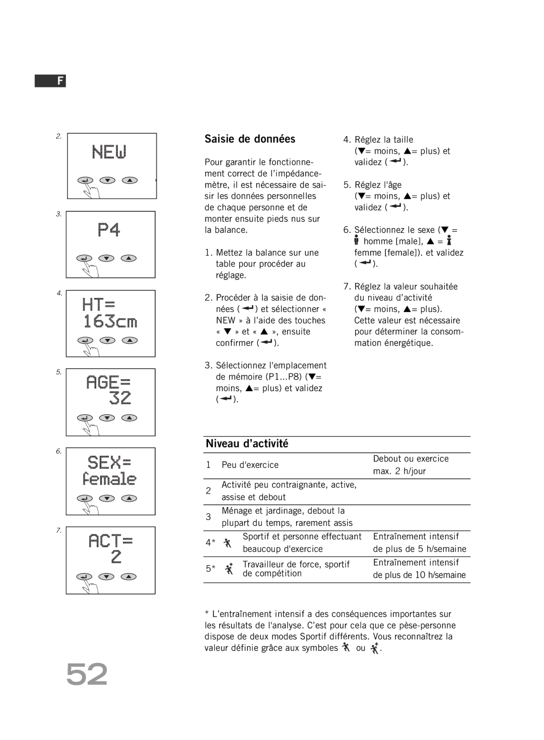 Soehnle FT 5 manual Saisie de données, Niveau d’activité, Mettez la balance sur une table pour procéder au réglage 