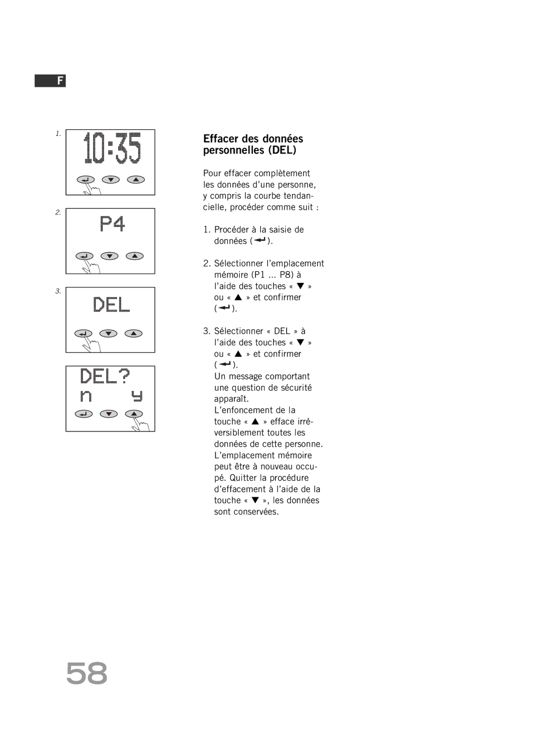 Soehnle FT 5 manual Effacer des données personnelles DEL 