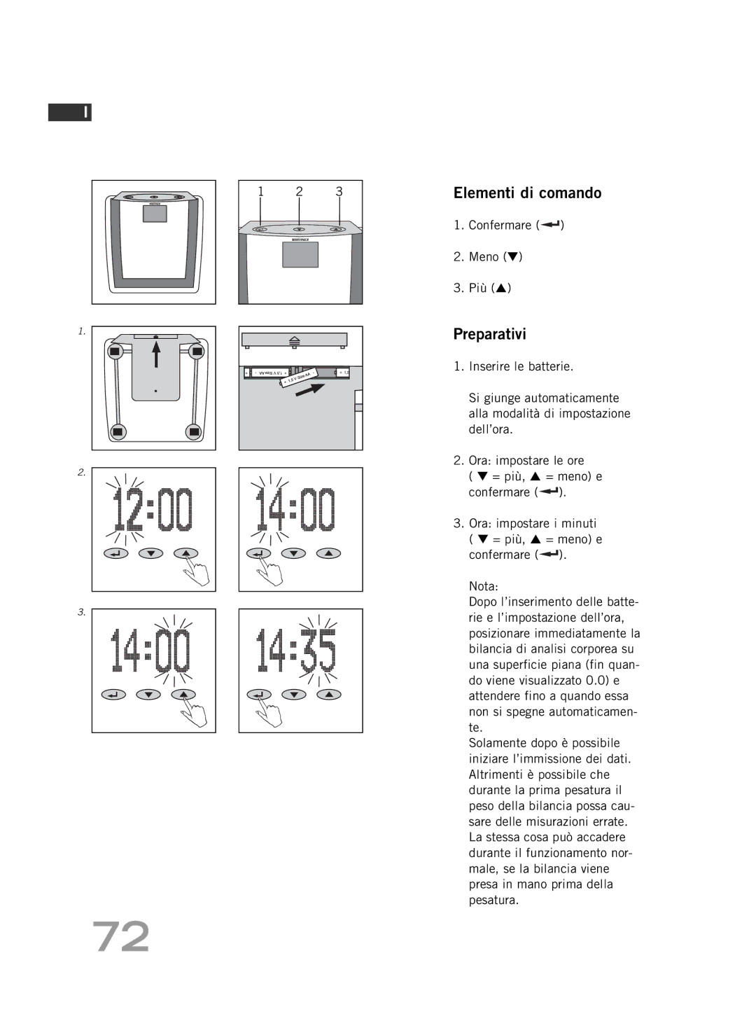 Soehnle FT 5 manual Elementi di comando, Preparativi, Confermare Meno Più 