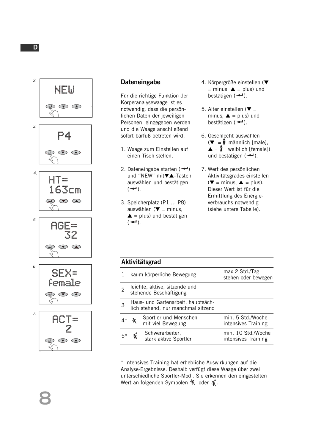 Soehnle FT 5 manual Dateneingabe, Aktivitätsgrad, Kaum körperliche Bewegung Max 2 Std./Tag 