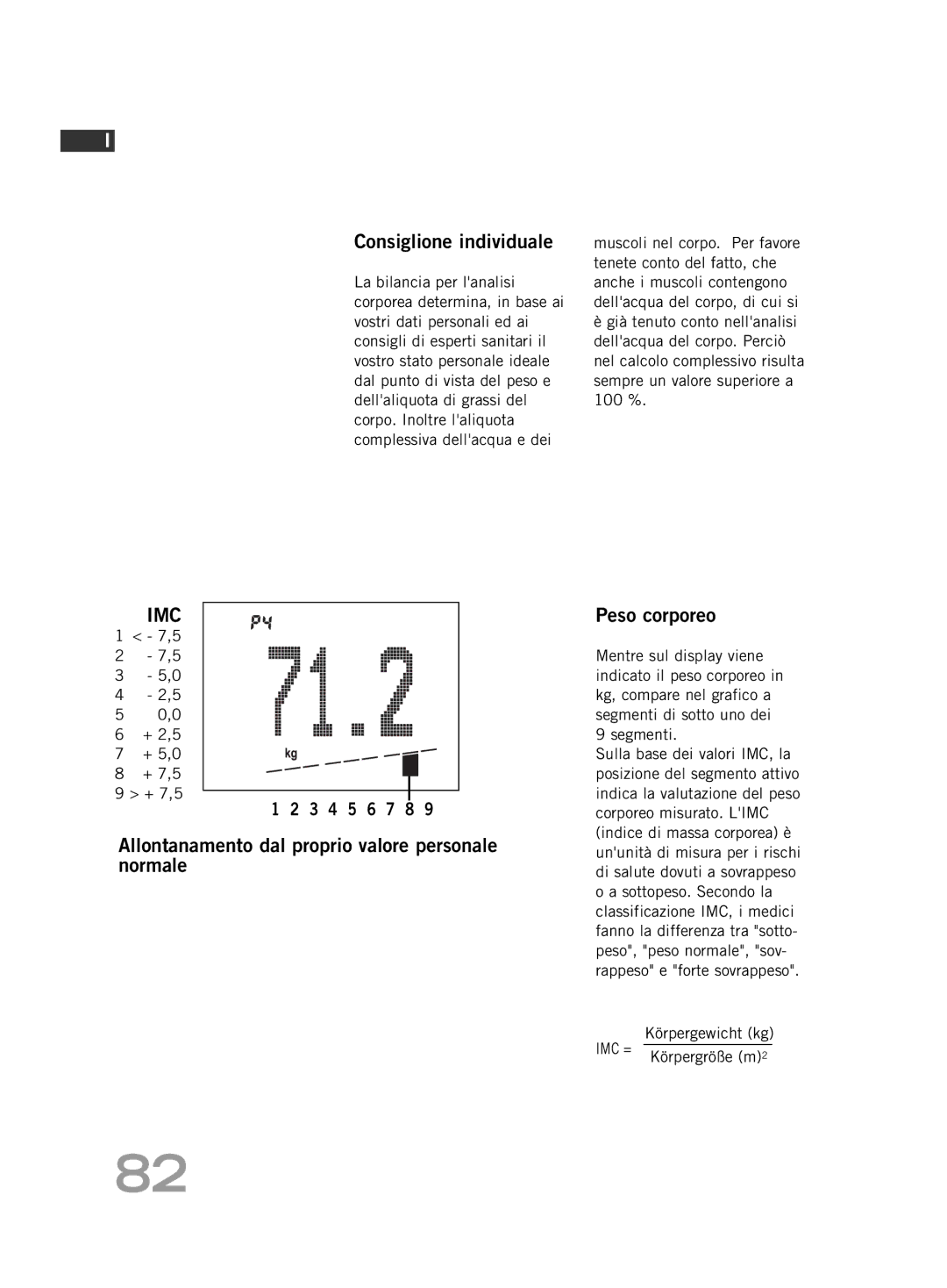 Soehnle FT 5 manual Consiglione individuale, Peso corporeo, Allontanamento dal proprio valore personale, Normale 