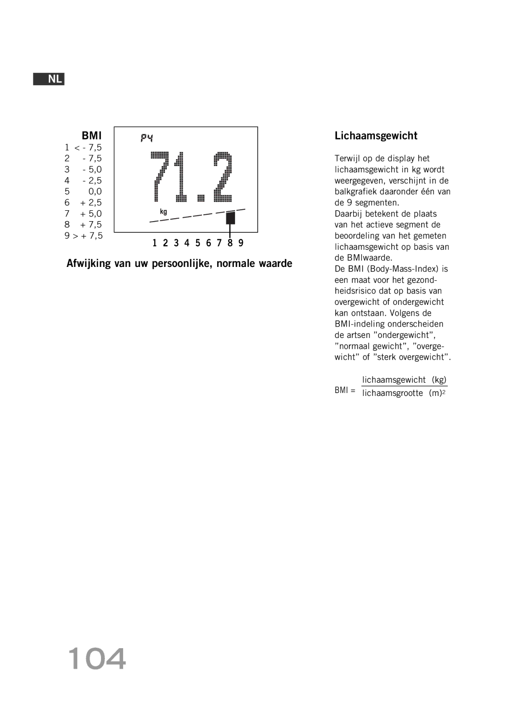 Soehnle FT4 manual 104, Lichaamsgewicht, Afwijking van uw persoonlijke, normale waarde 