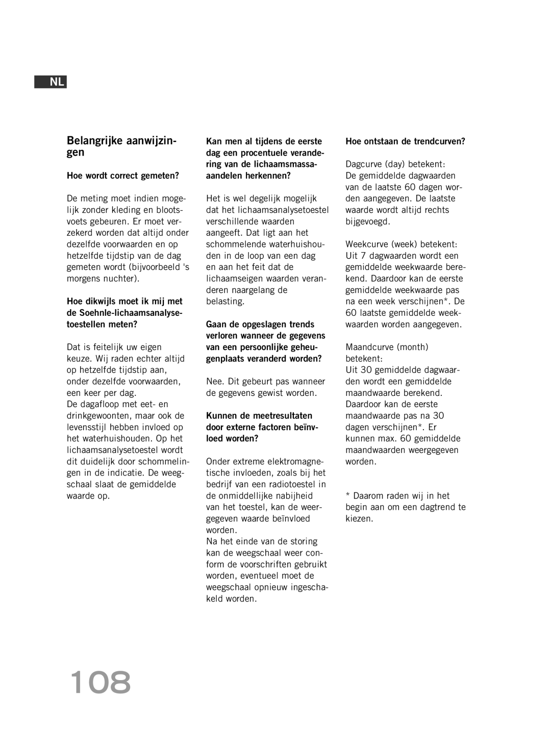 Soehnle FT4 manual 108, Belangrijke aanwijzin- gen, Hoe wordt correct gemeten? 