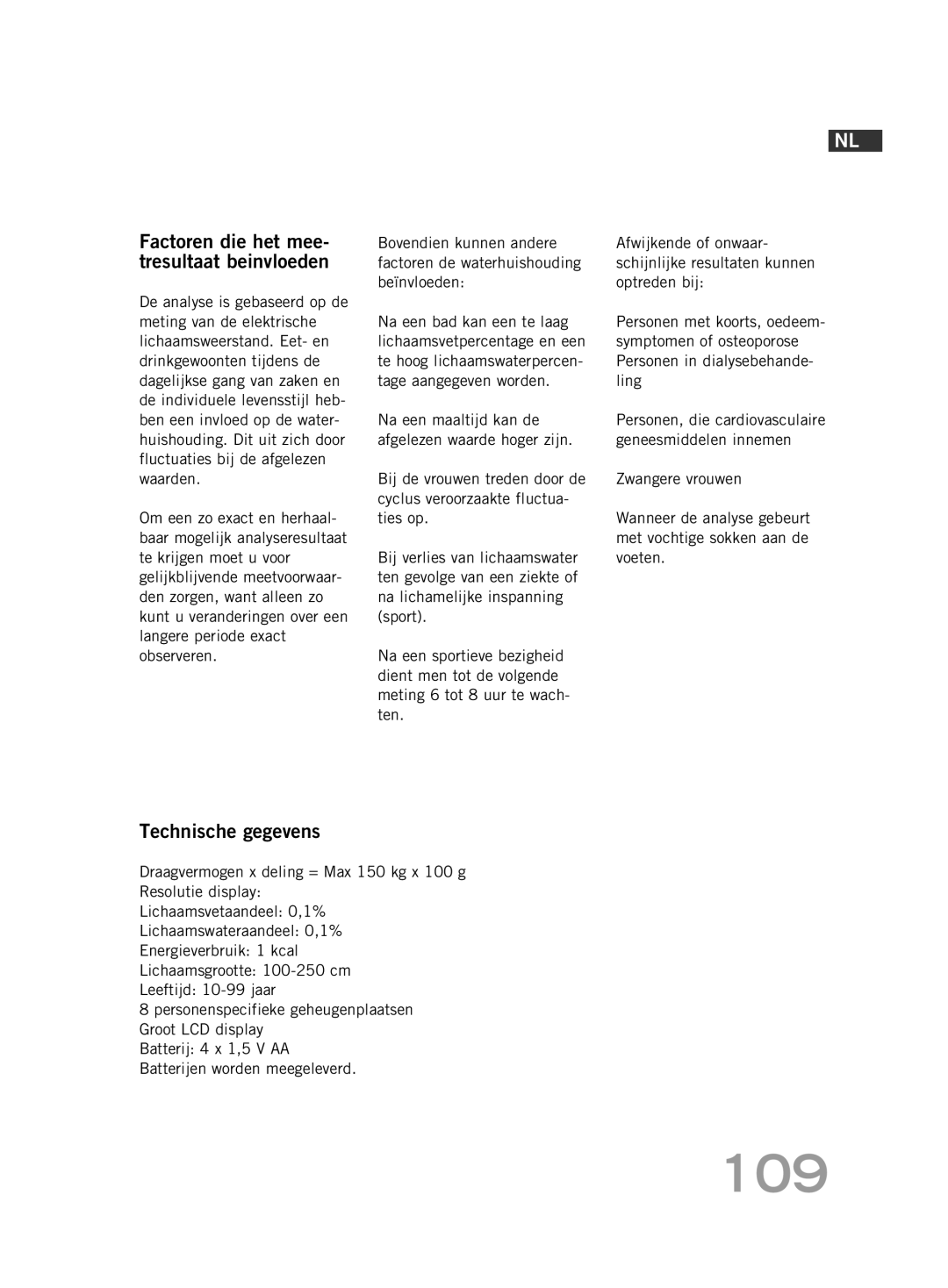 Soehnle FT4 manual 109, Factoren die het mee- tresultaat beinvloeden, Technische gegevens 