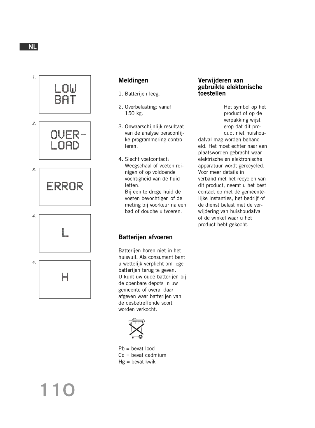 Soehnle FT4 manual 110, Meldingen, Batterijen afvoeren, Verwijderen van gebruikte elektonische toestellen 