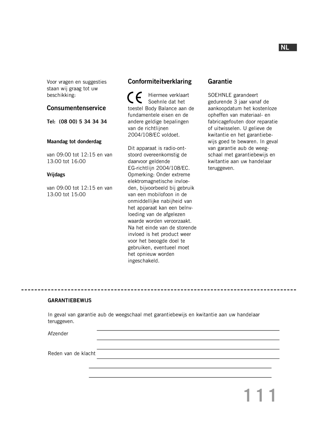 Soehnle FT4 manual 111, Consumentenservice, Conformiteitverklaring, Hiermee verklaart Soehnle dat het 