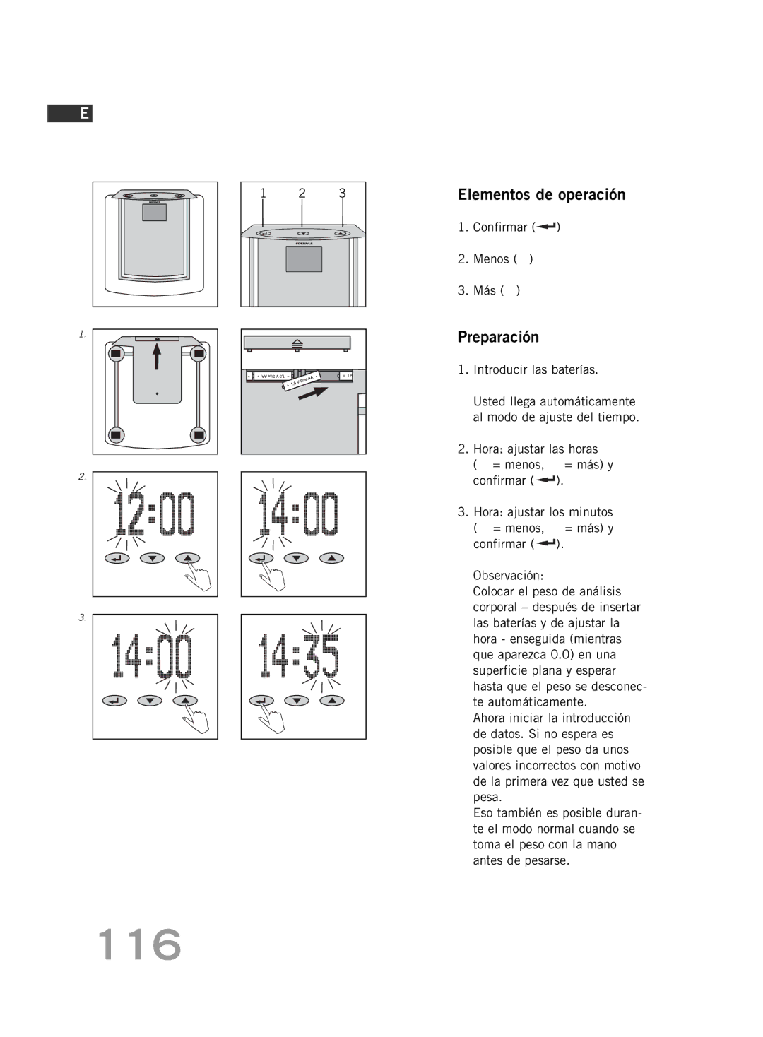 Soehnle FT4 manual 116, Elementos de operación, Preparación, Confirmar Menos Más 