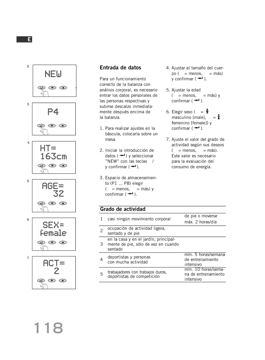 Soehnle FT4 manual 118, Entrada de datos, Grado de actividad 