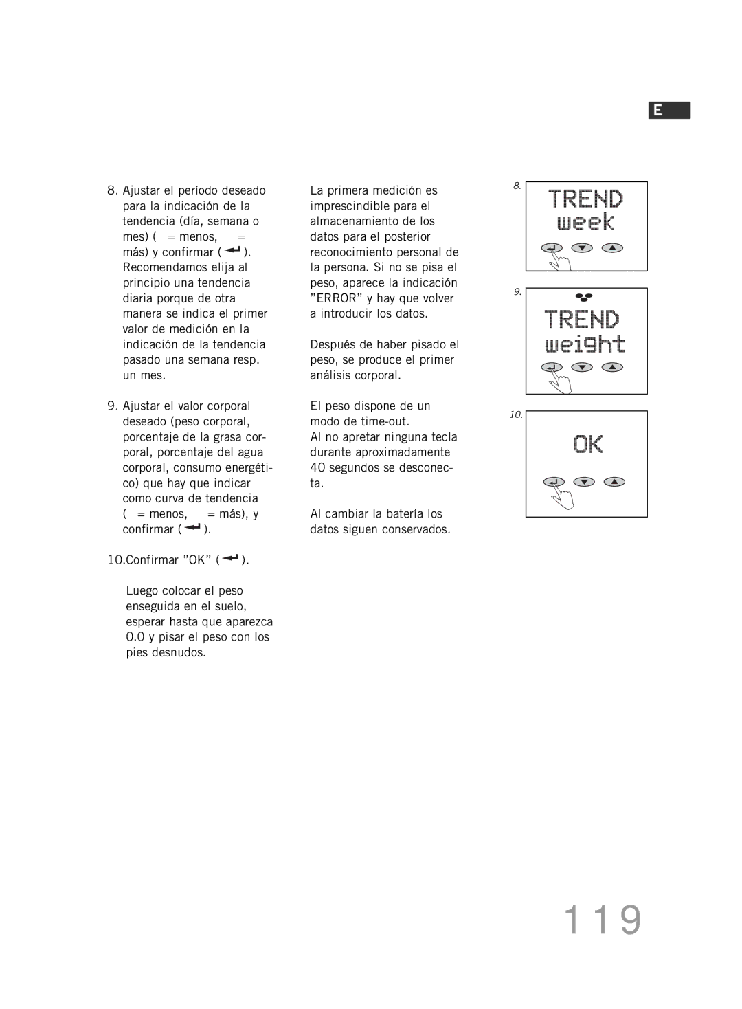 Soehnle FT4 manual 119, Pisar el peso con los pies desnudos 