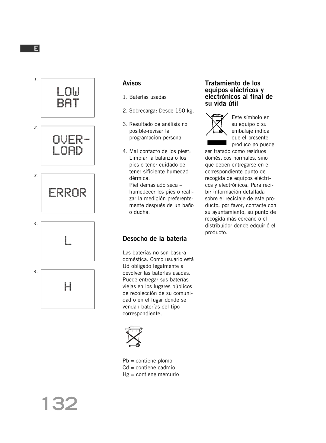 Soehnle FT4 manual 132, Avisos, Desocho de la batería 