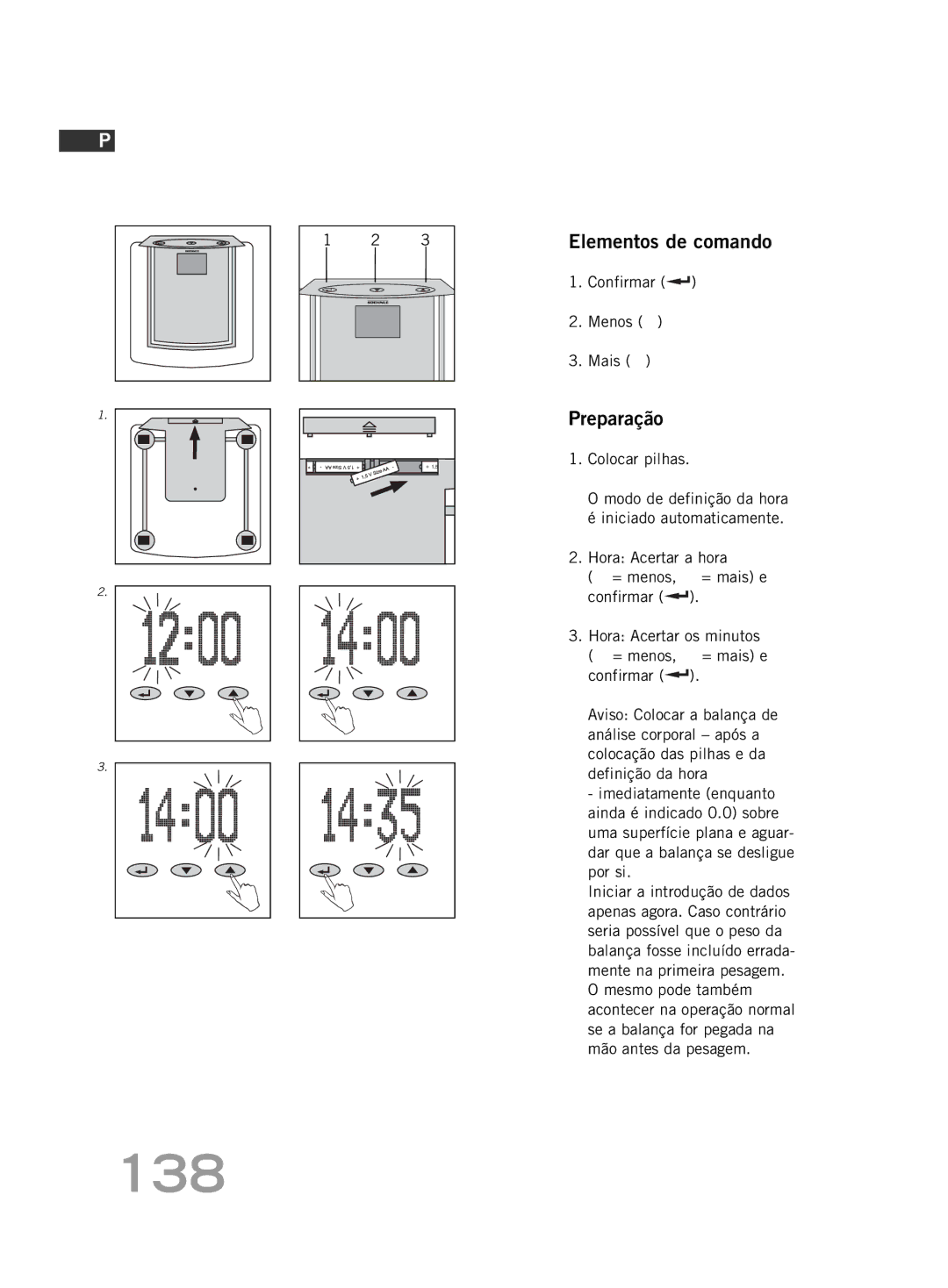 Soehnle FT4 manual 138, Elementos de comando, Preparação, Confirmar Menos Mais 