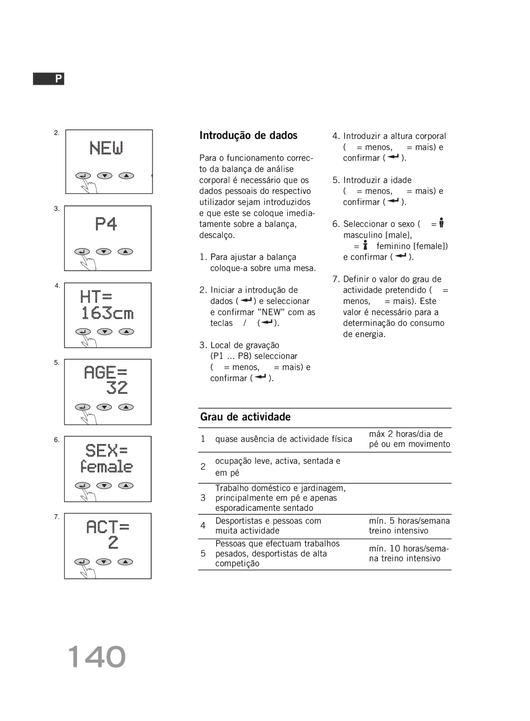 Soehnle FT4 manual 140, Introdução de dados, Grau de actividade 