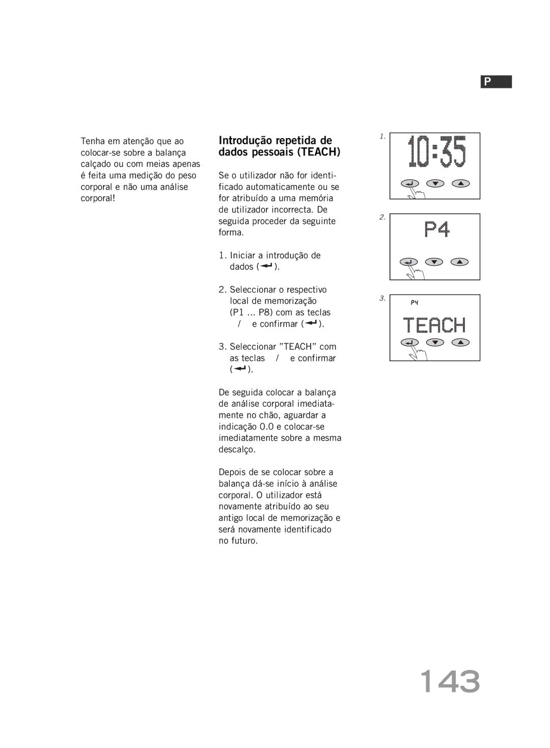 Soehnle FT4 manual 143, Introdução repetida de dados pessoais Teach 