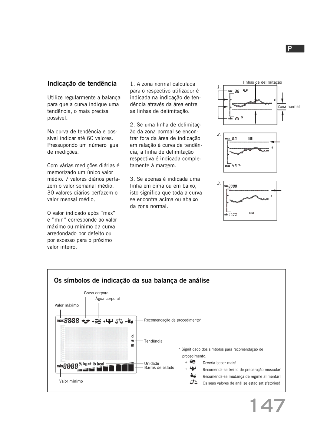 Soehnle FT4 manual 147, Indicação de tendência, Os símbolos de indicação da sua balança de análise 