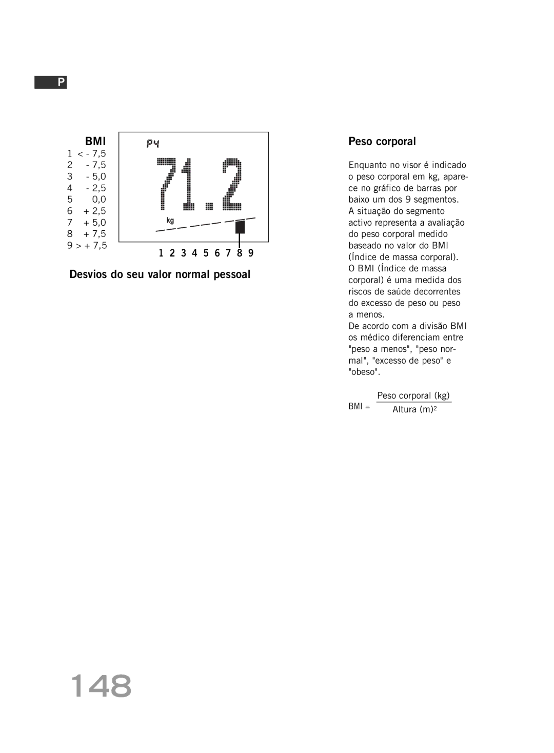 Soehnle FT4 manual 148, Desvios do seu valor normal pessoal Peso corporal, Altura m2 