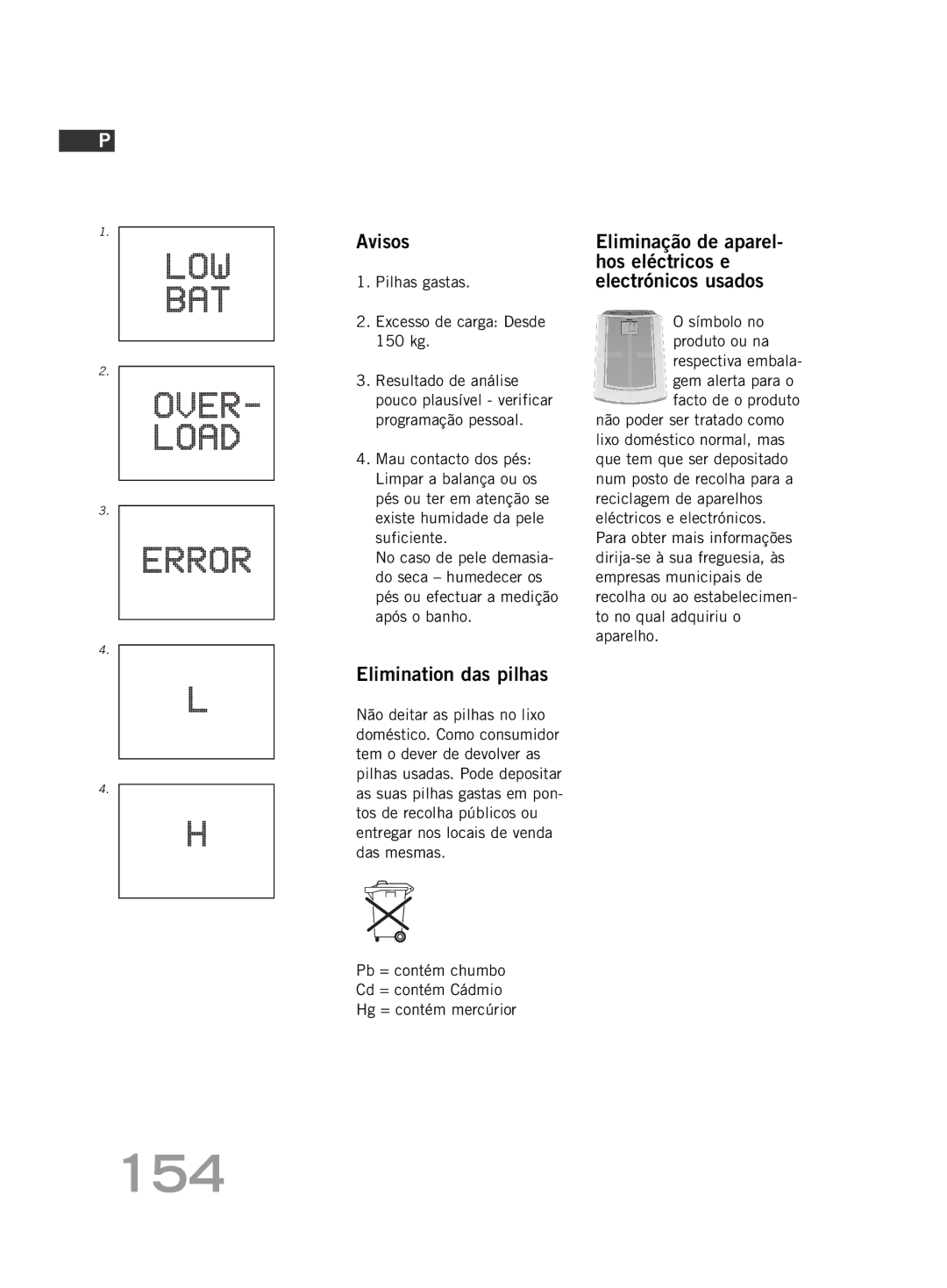 Soehnle FT4 manual 154, Elimination das pilhas, Eliminação de aparel- hos eléctricos e electrónicos usados 