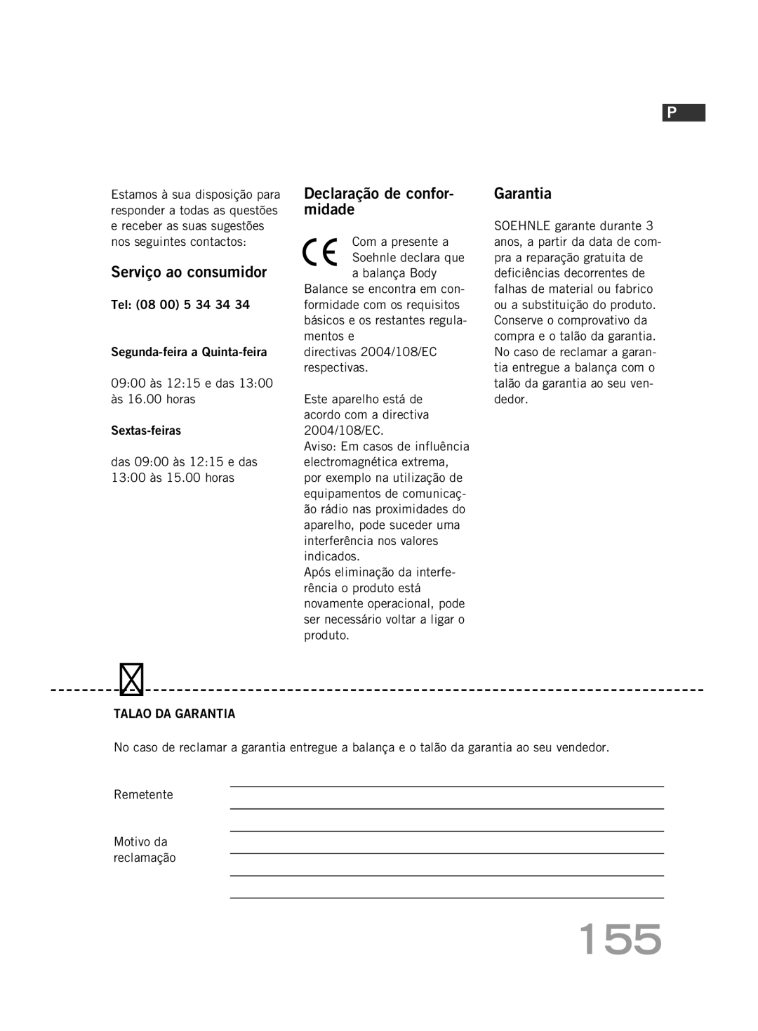 Soehnle FT4 manual 155, Serviço ao consumidor, Declaração de confor- midade 