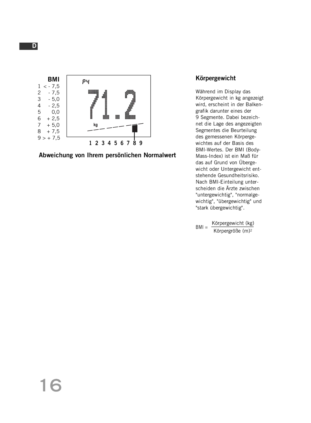 Soehnle FT4 manual Abweichung von Ihrem persönlichen Normalwert Körpergewicht, + 2,5 + 5,0 + 7,5, Körpergröße m2 