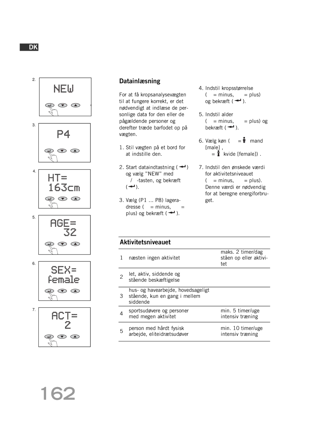 Soehnle FT4 manual 162, Datainlæsning, Aktivitetsniveauet, Maks timer/dag 