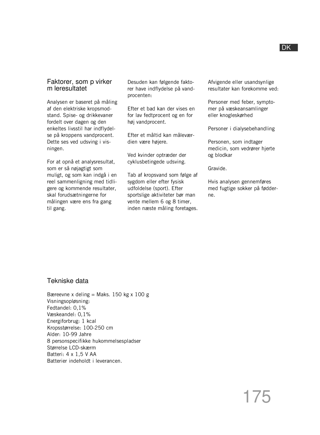 Soehnle FT4 manual 175, Faktorer, som påvirker måleresultatet, Tekniske data 