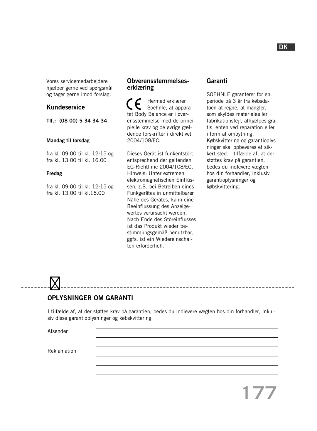 Soehnle FT4 manual 177, Kundeservice, Obverensstemmelses- erklæring, Garanti 