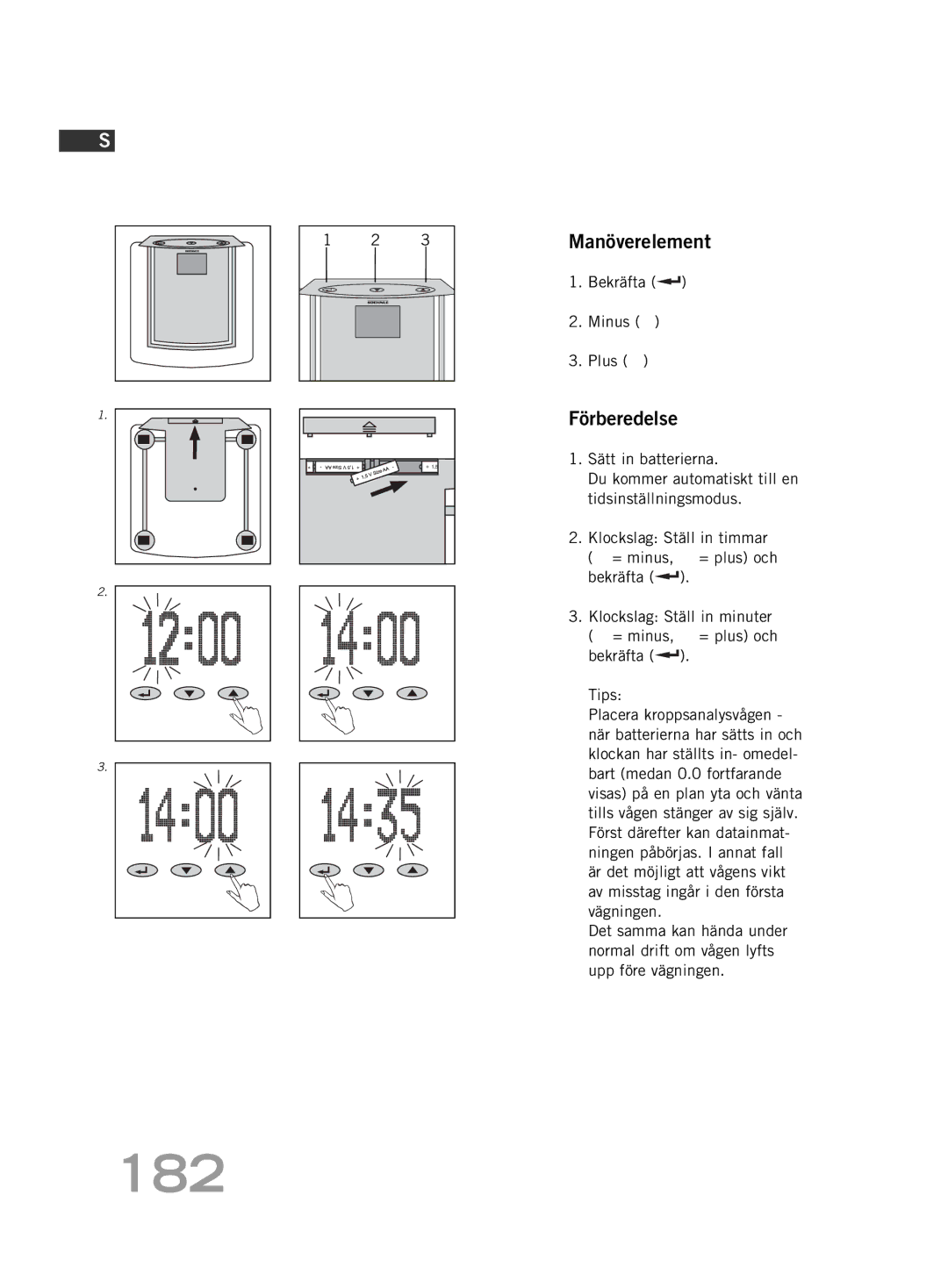 Soehnle FT4 manual 182, Manöverelement, Förberedelse, Bekräfta Minus Plus 