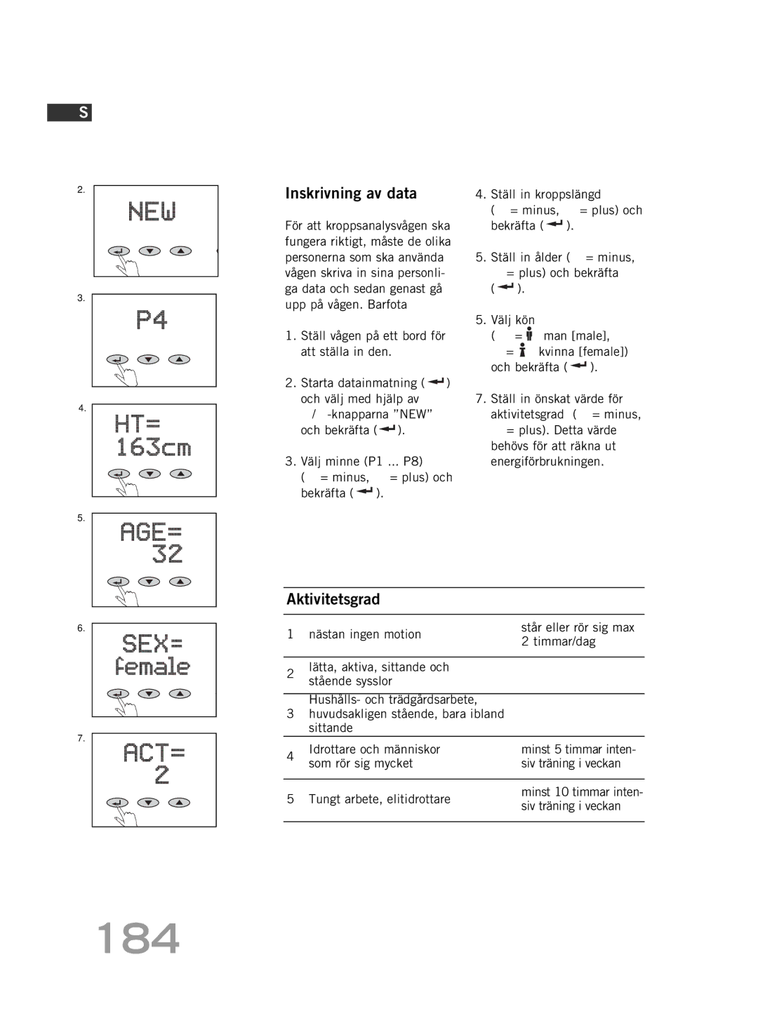 Soehnle FT4 manual 184, Inskrivning av data, Aktivitetsgrad 