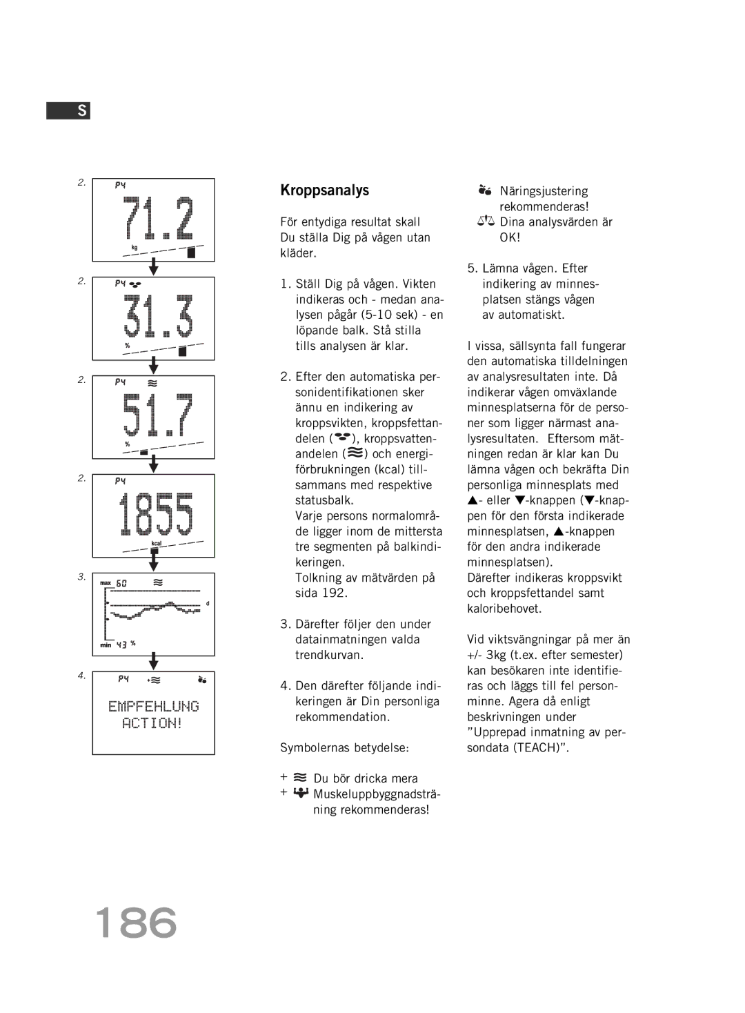 Soehnle FT4 manual 186, Kroppsanalys 