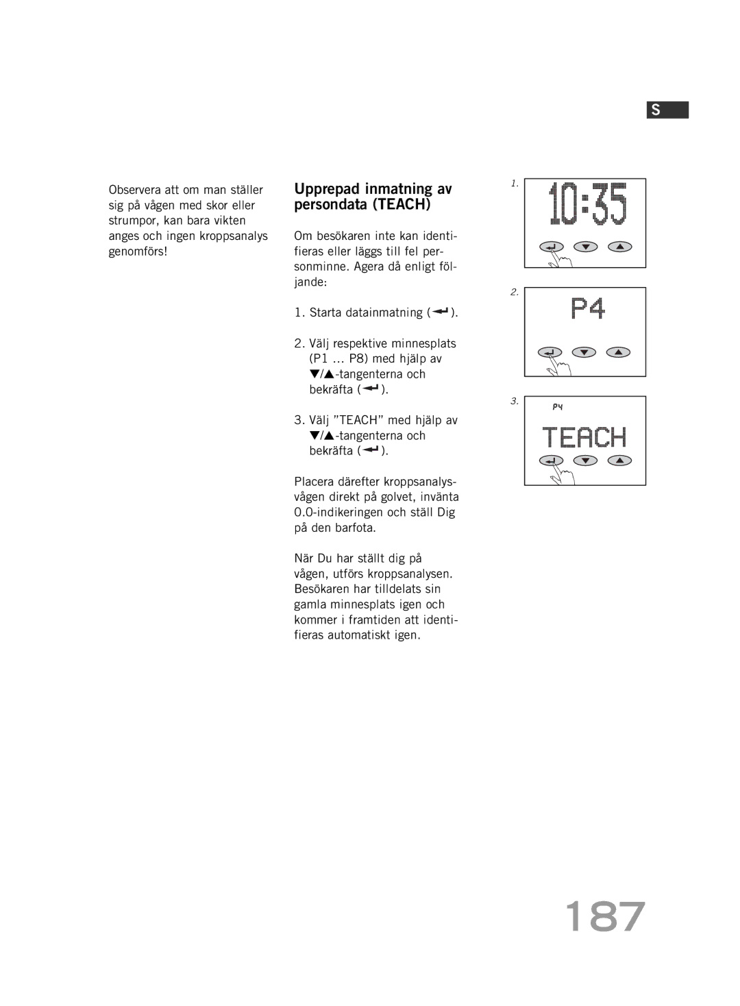 Soehnle FT4 manual 187, Upprepad inmatning av persondata Teach 