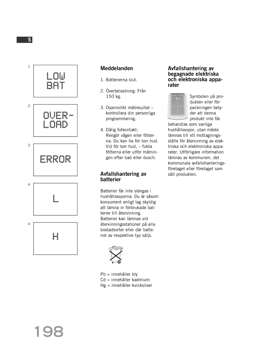 Soehnle FT4 manual 198, Meddelanden, Avfallshantering av batterier 