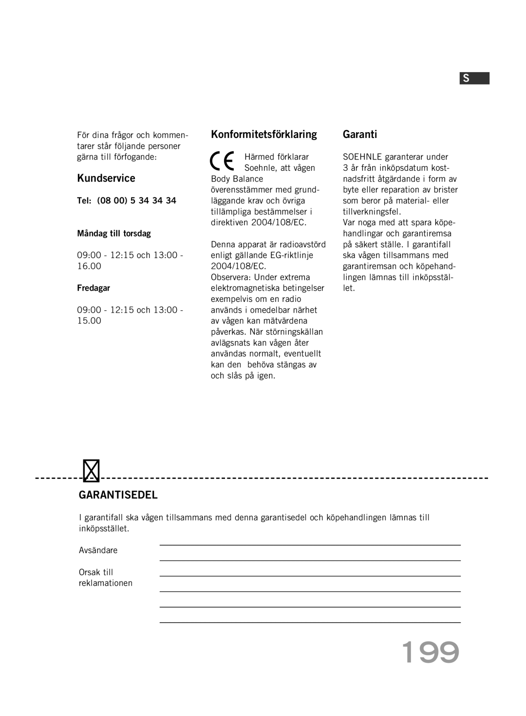 Soehnle FT4 manual 199, Konformitetsförklaring, Kundservice 