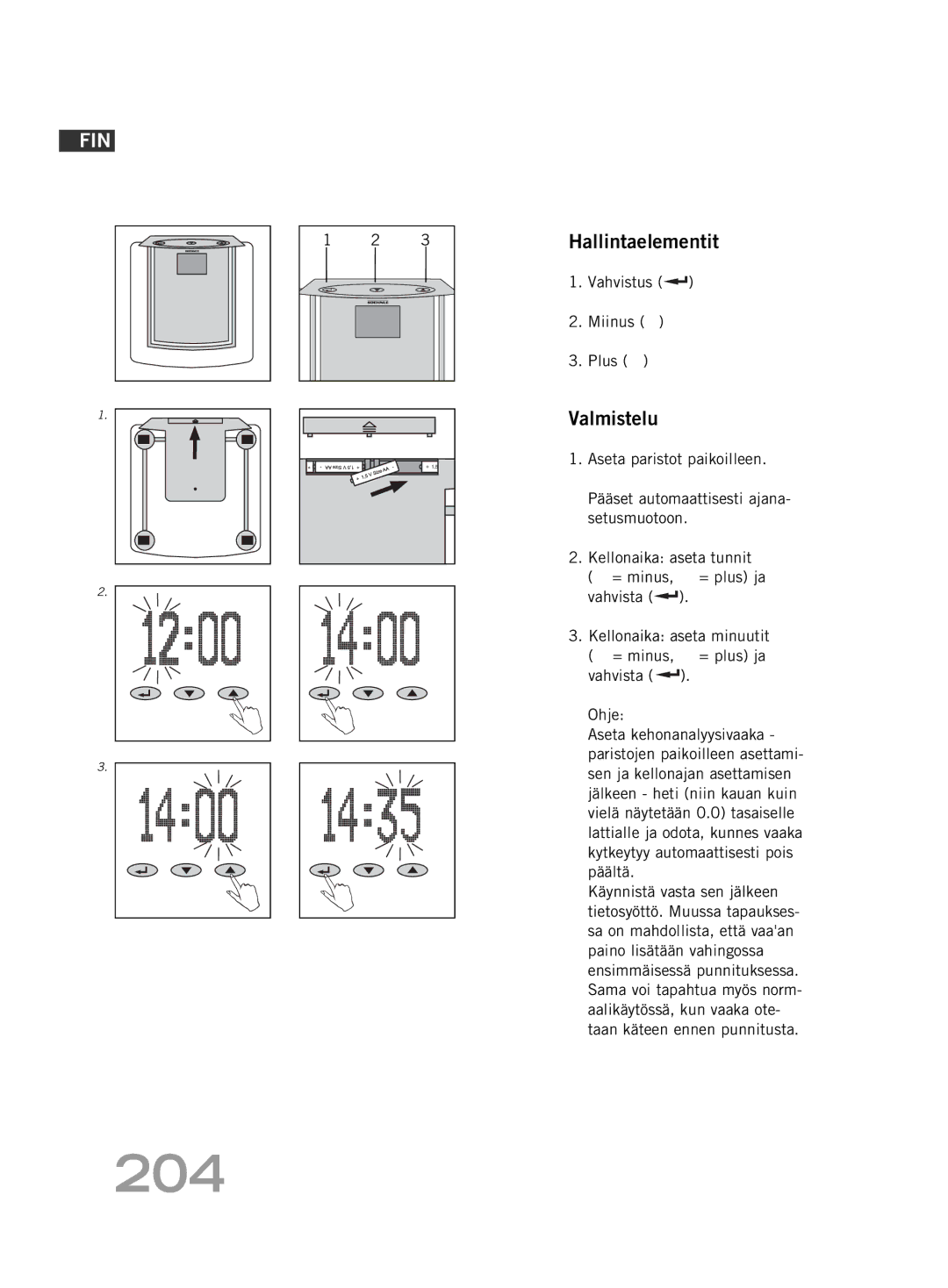 Soehnle FT4 manual 204, Hallintaelementit, Valmistelu, Vahvistus Miinus Plus 