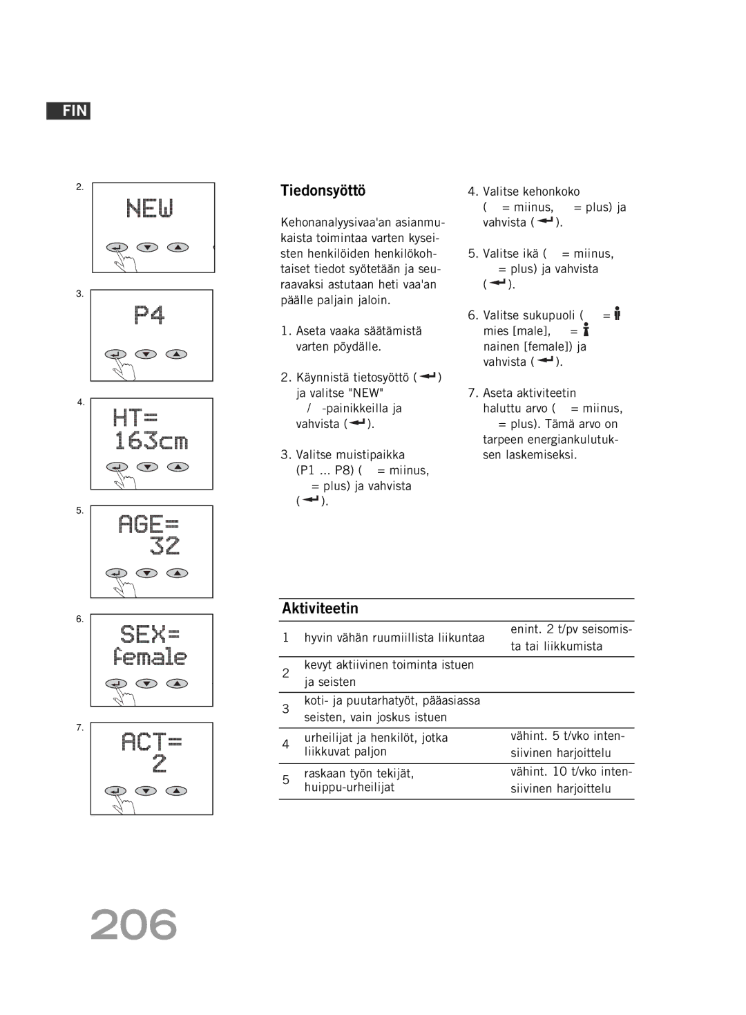 Soehnle FT4 manual 206, Tiedonsyöttö, Aktiviteetin 