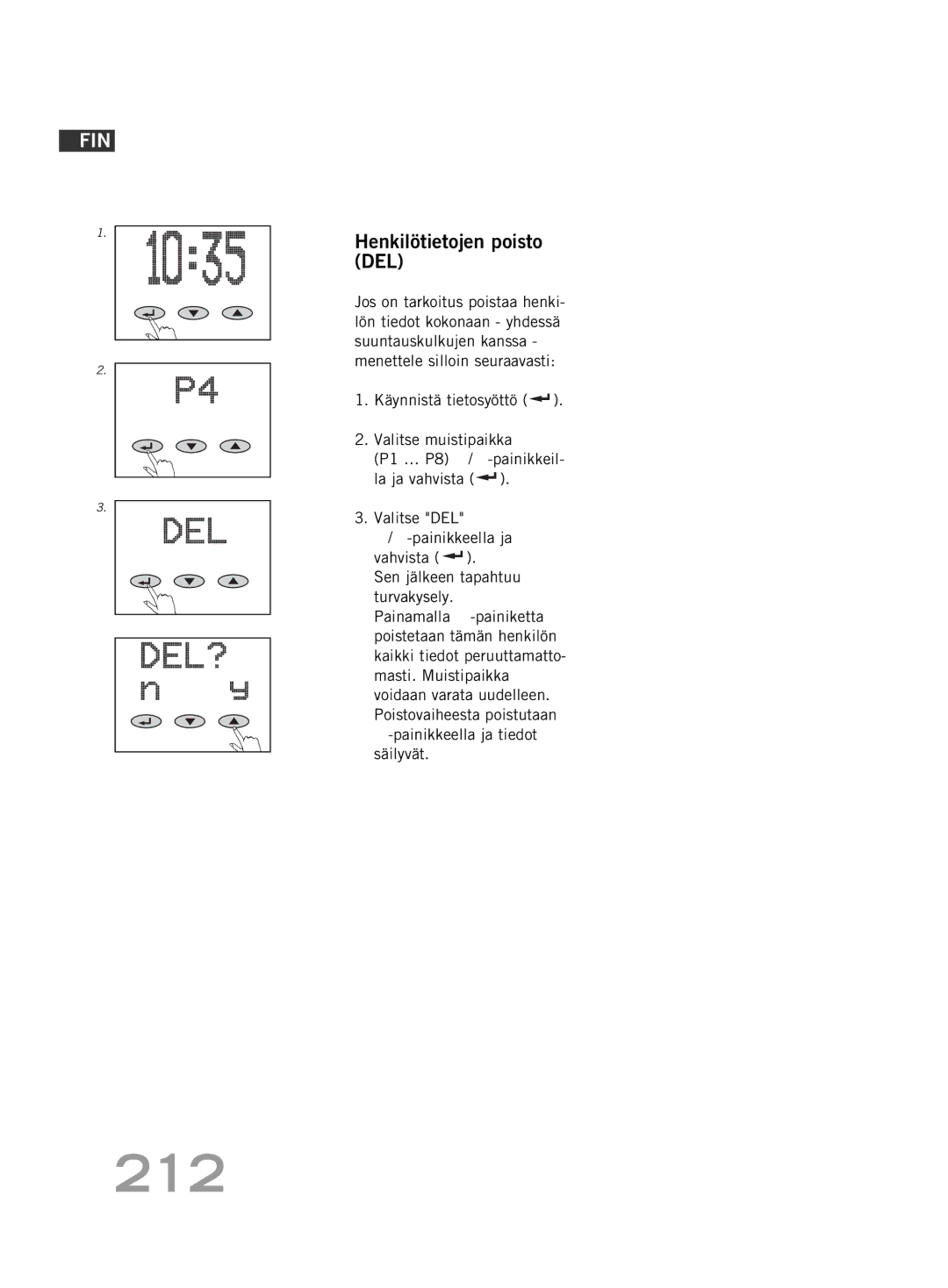 Soehnle FT4 manual 212, Henkilötietojen poisto DEL 