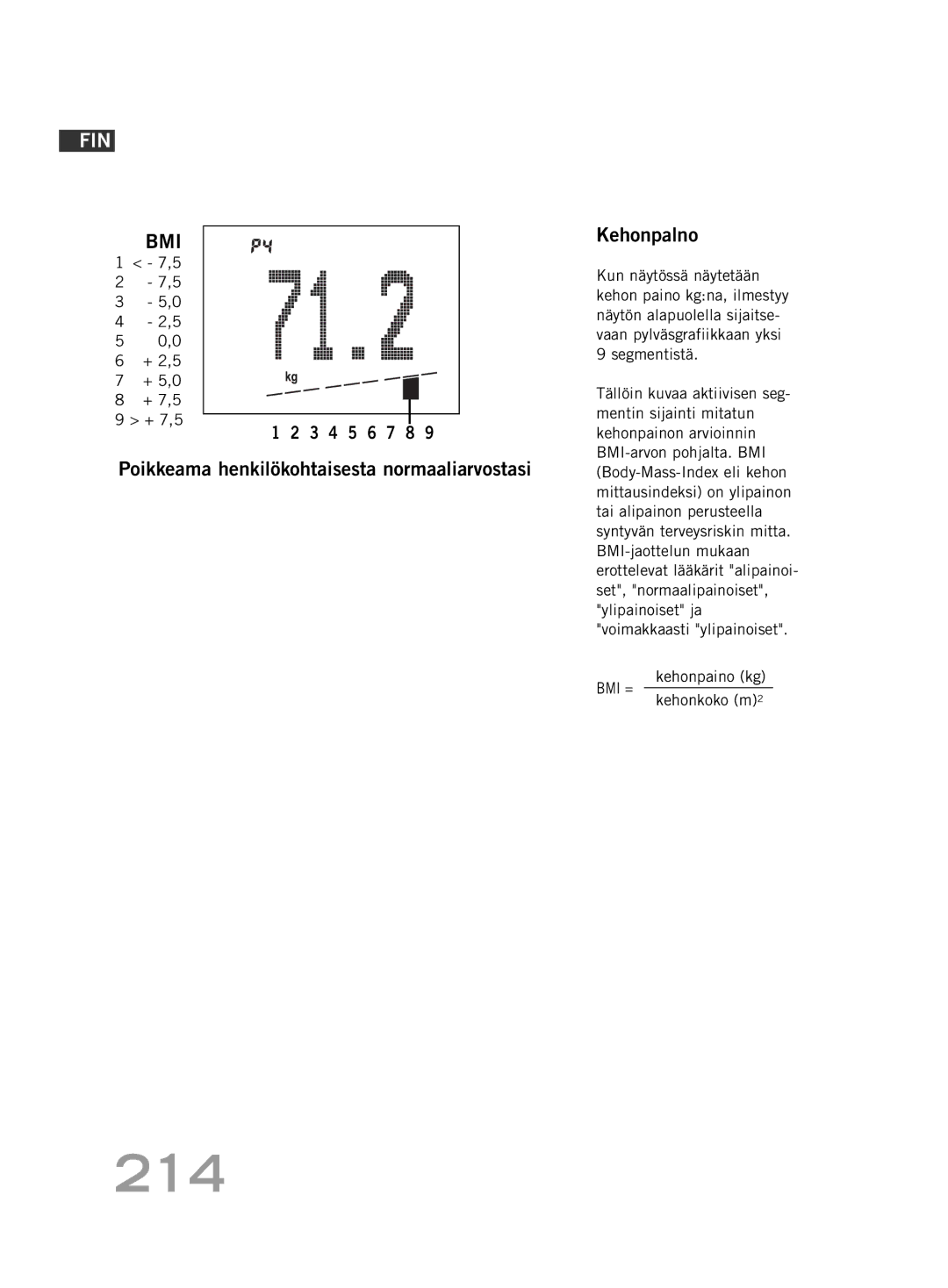 Soehnle FT4 manual 214, Poikkeama henkilökohtaisesta normaaliarvostasi Kehonpalno, Kehonkoko m2 