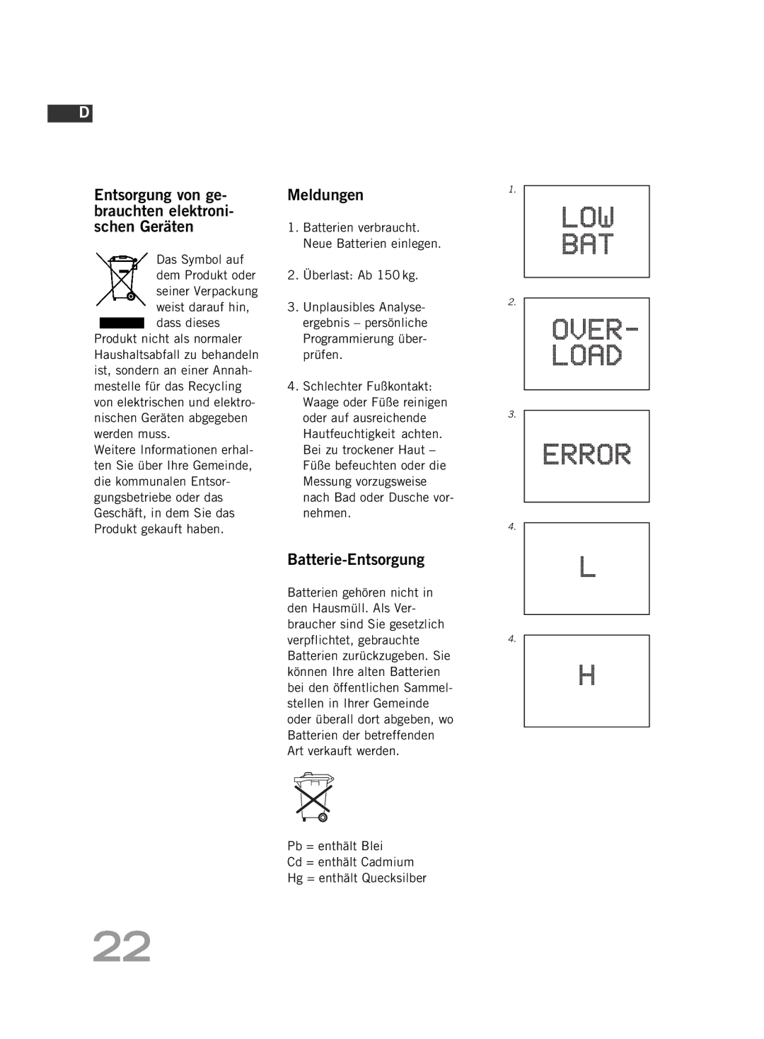 Soehnle FT4 manual Entsorgung von ge- brauchten elektroni- schen Geräten, Meldungen, Batterie-Entsorgung 