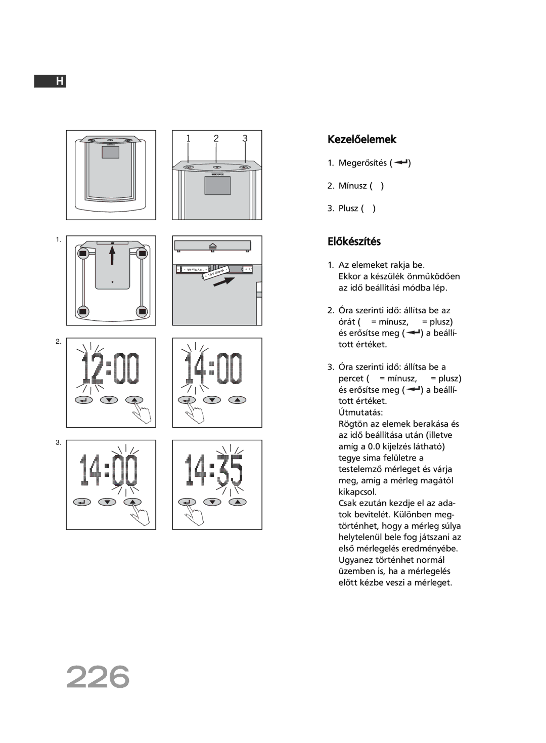 Soehnle FT4 manual 226, Kezelőelemek, Előkészítés, Megerősítés Mínusz Plusz, És erősítse meg a beállí- tott értéket 