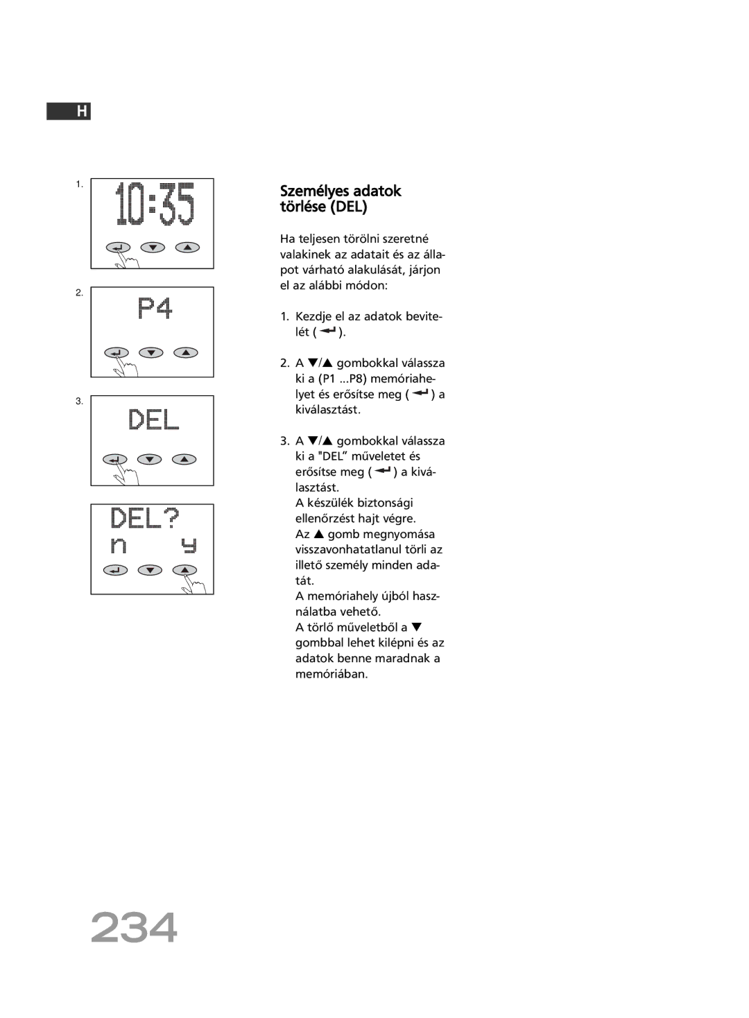 Soehnle FT4 manual 234, Személyes adatok törlése DEL 