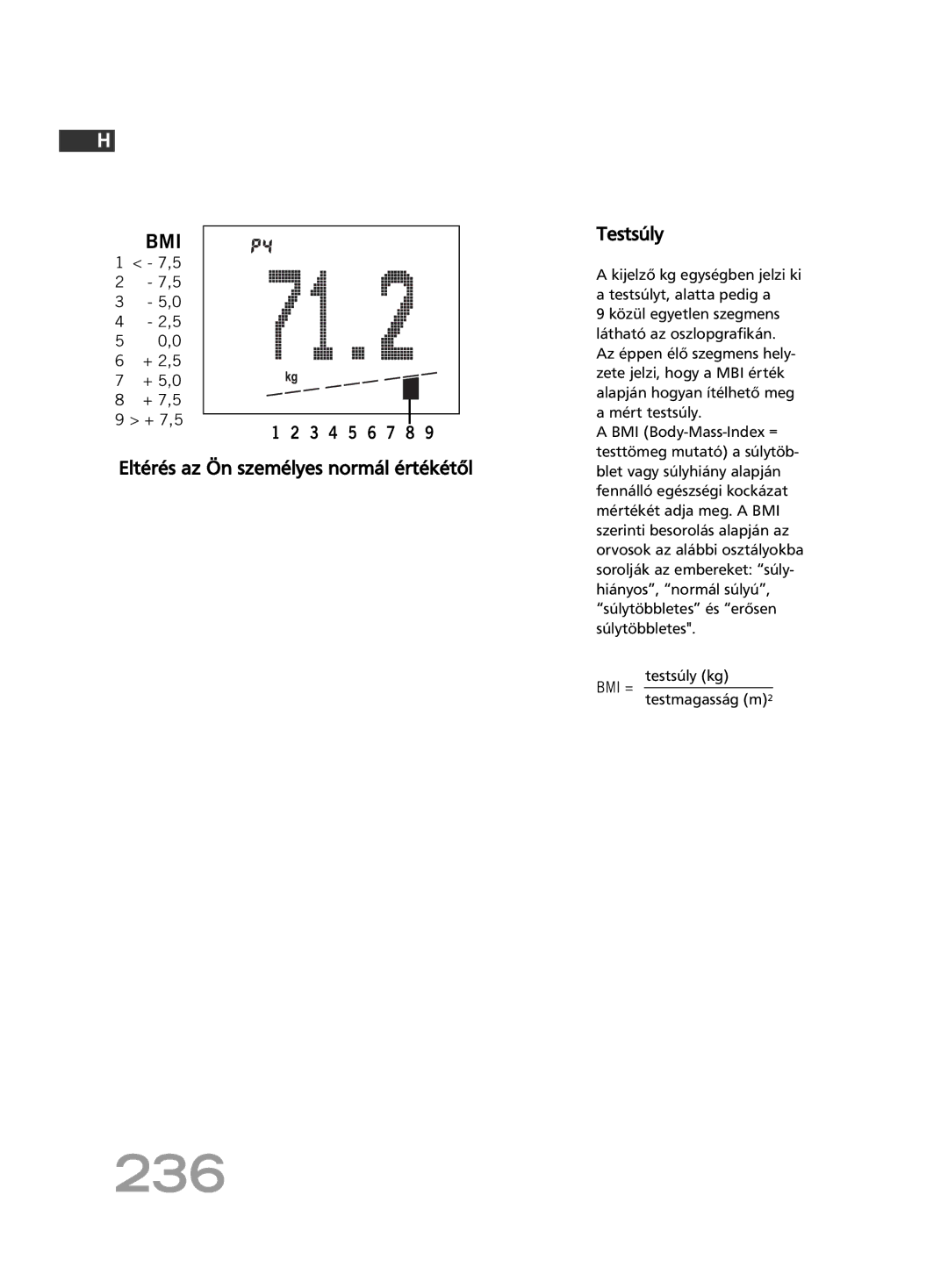 Soehnle FT4 manual 236, Eltérés az Ön személyes normál értékétől Testsúly, Testmagasság m2 