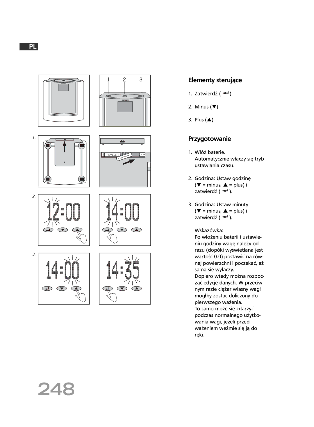 Soehnle FT4 manual 248, Elementy sterujące, Przygotowanie, Zatwierdź Minus Plus 