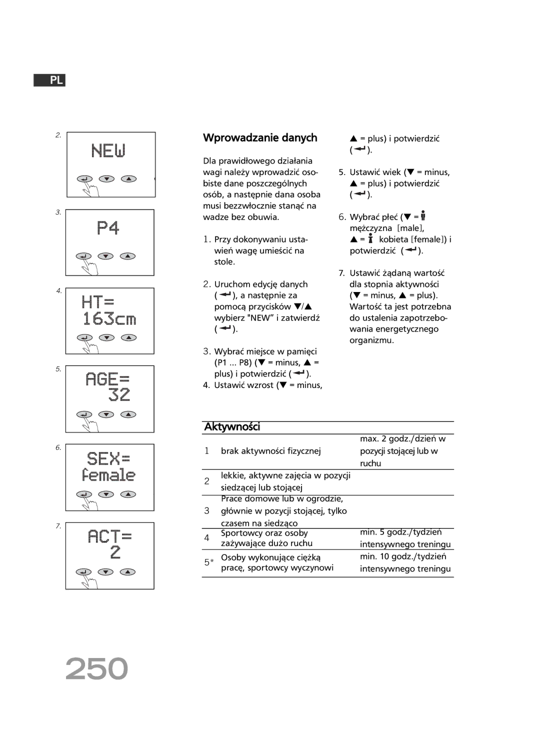 Soehnle FT4 manual 250, Wprowadzanie danych, Aktywności 