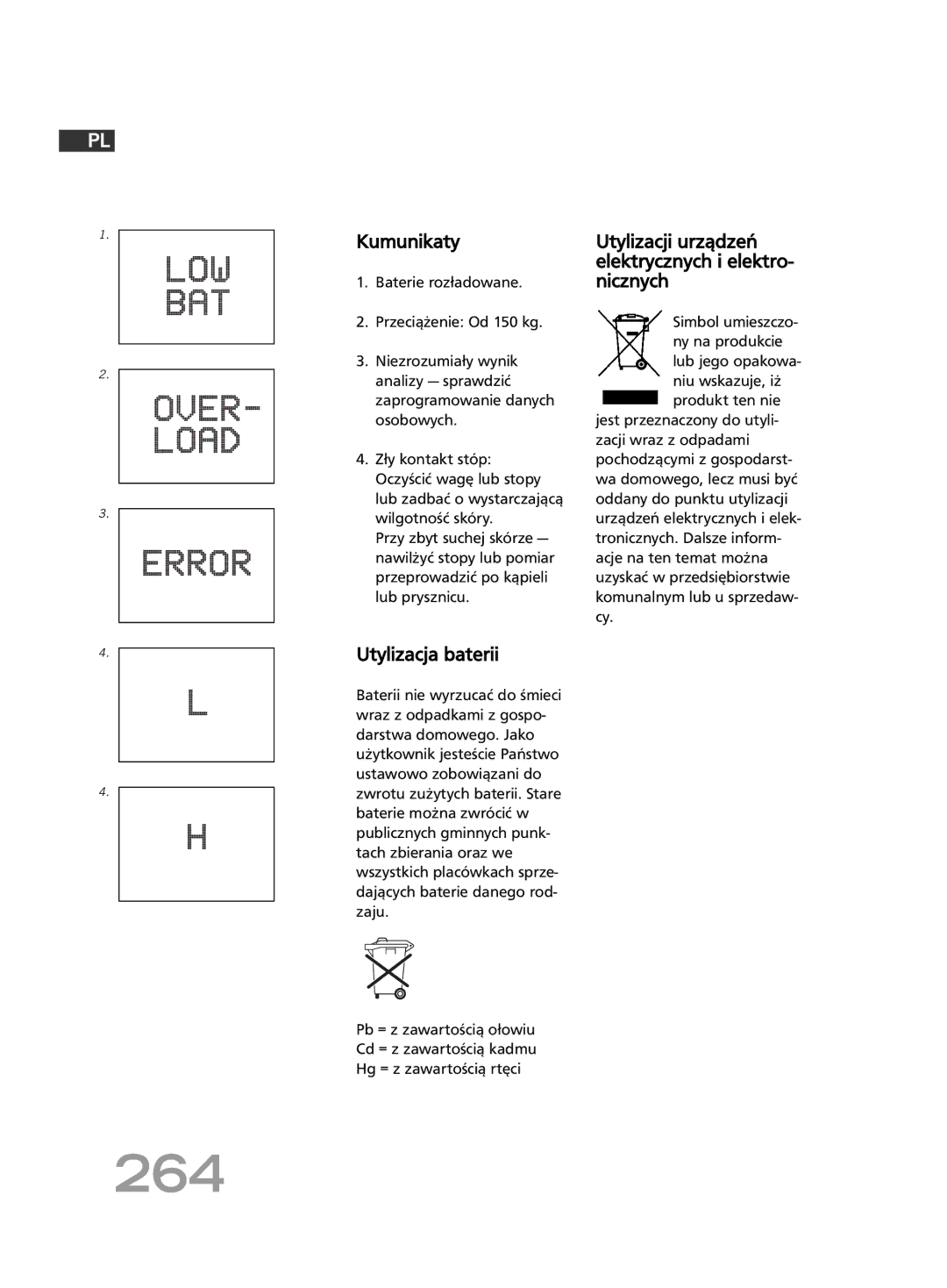 Soehnle FT4 manual 264, Kumunikaty, Utylizacja baterii, Utylizacji urządzeń elektrycznych i elektro- nicznych 