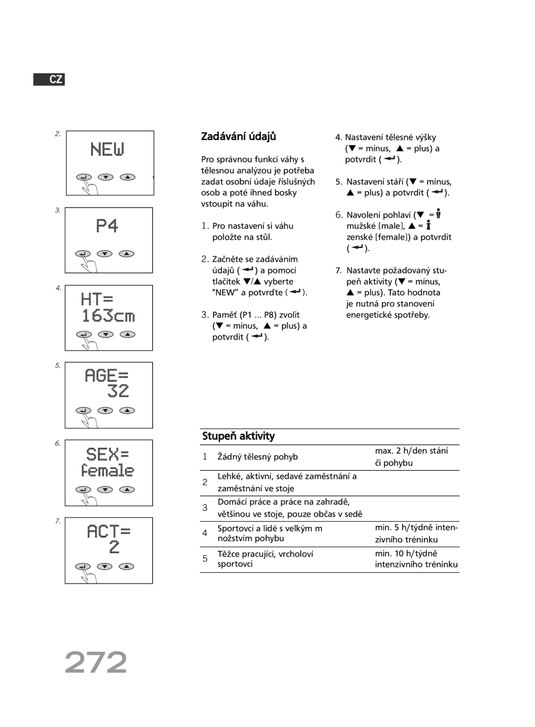 Soehnle FT4 manual 272, Zadávání údajů, Stupeň aktivity 