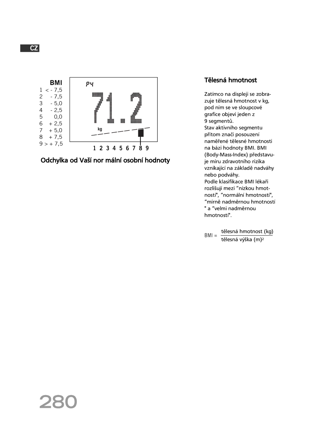 Soehnle FT4 manual 280, Odchylka od Vaší nor mální osobní hodnoty Tělesná hmotnost, Segmentů, Tělesná výška m2 