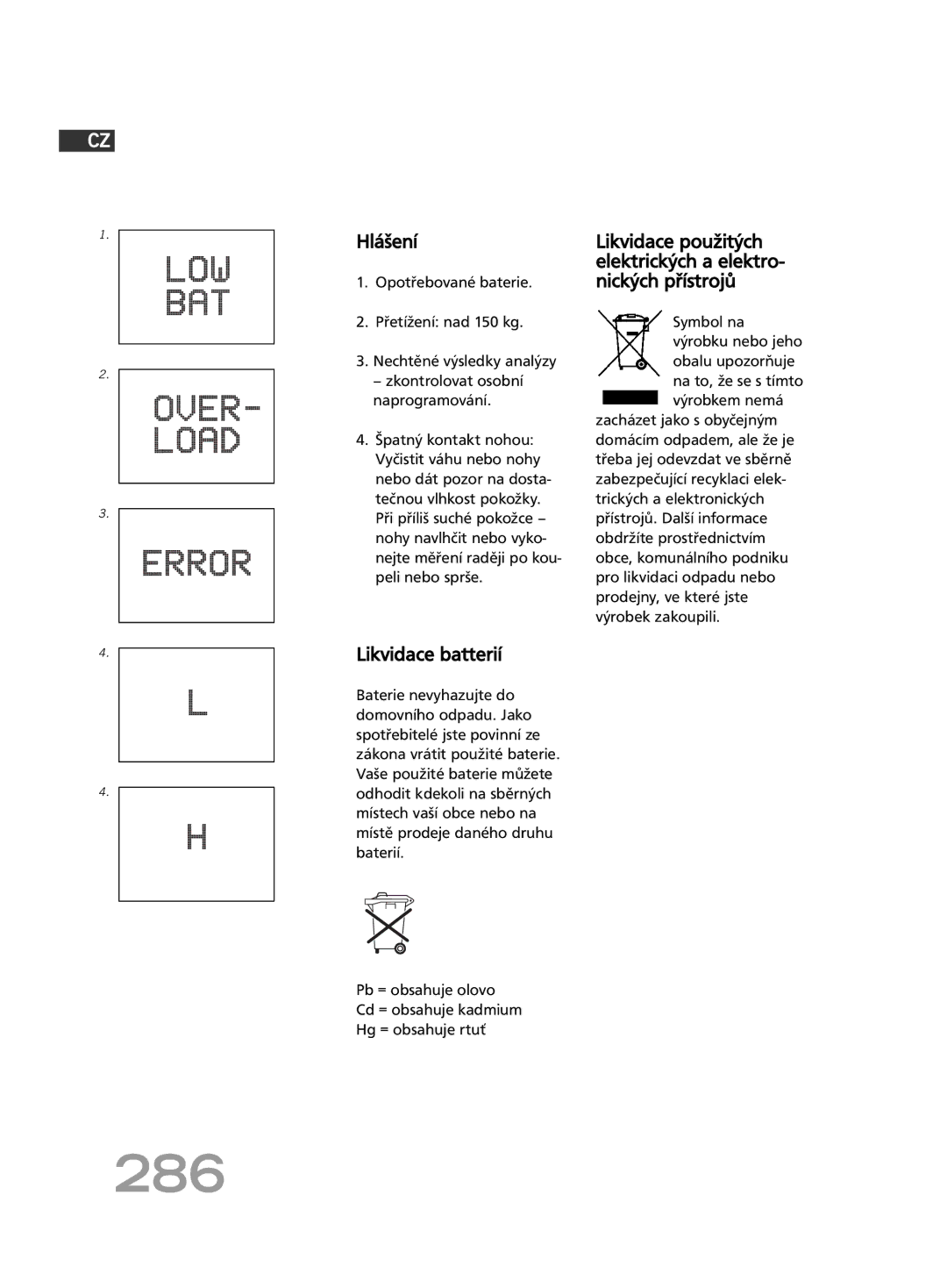 Soehnle FT4 manual 286, Hlášení, Likvidace batterií 