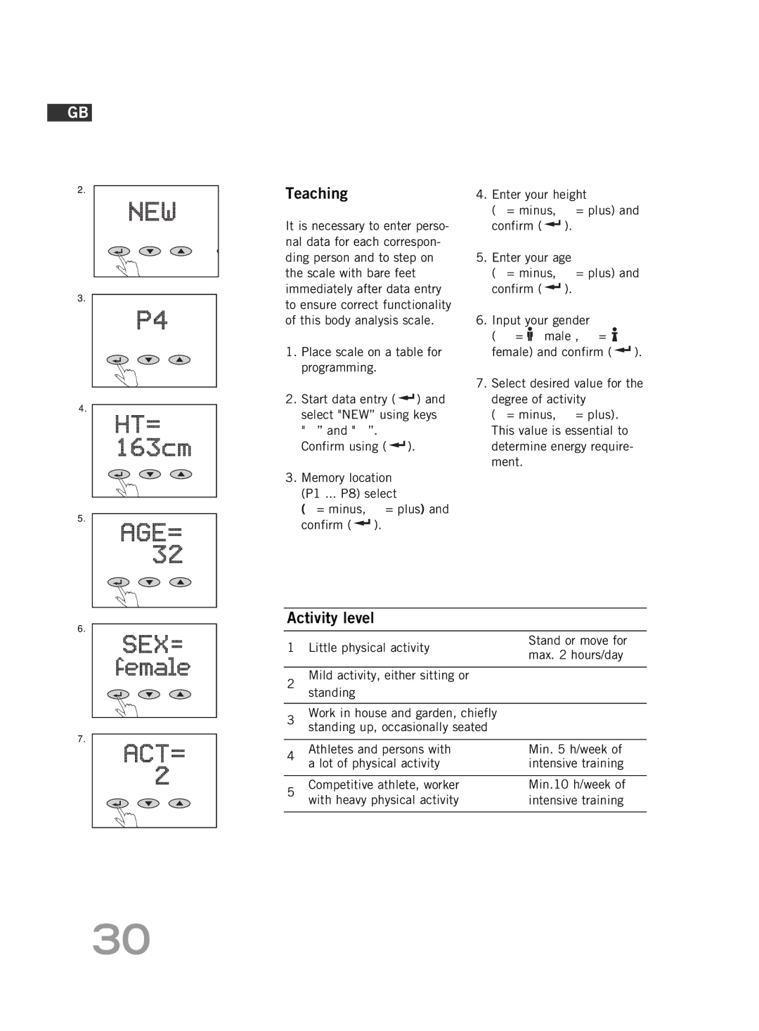 Soehnle FT4 manual Teaching, Activity level 