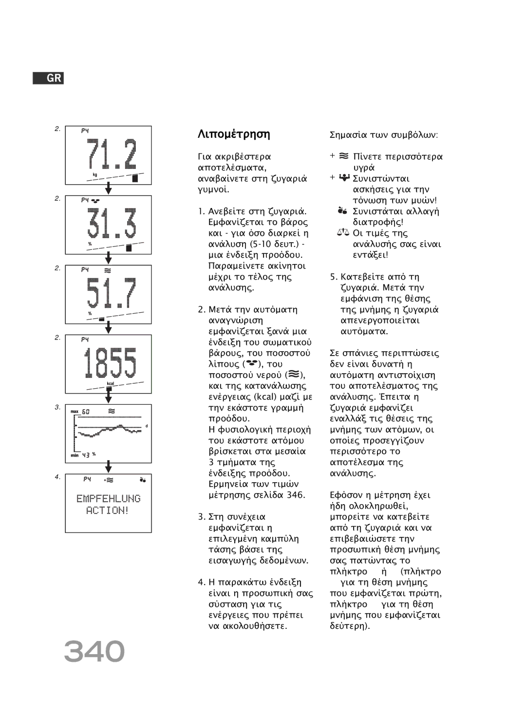 Soehnle FT4 manual 340, Λιποµέτρηση, Σηµασία των συµβόλων 