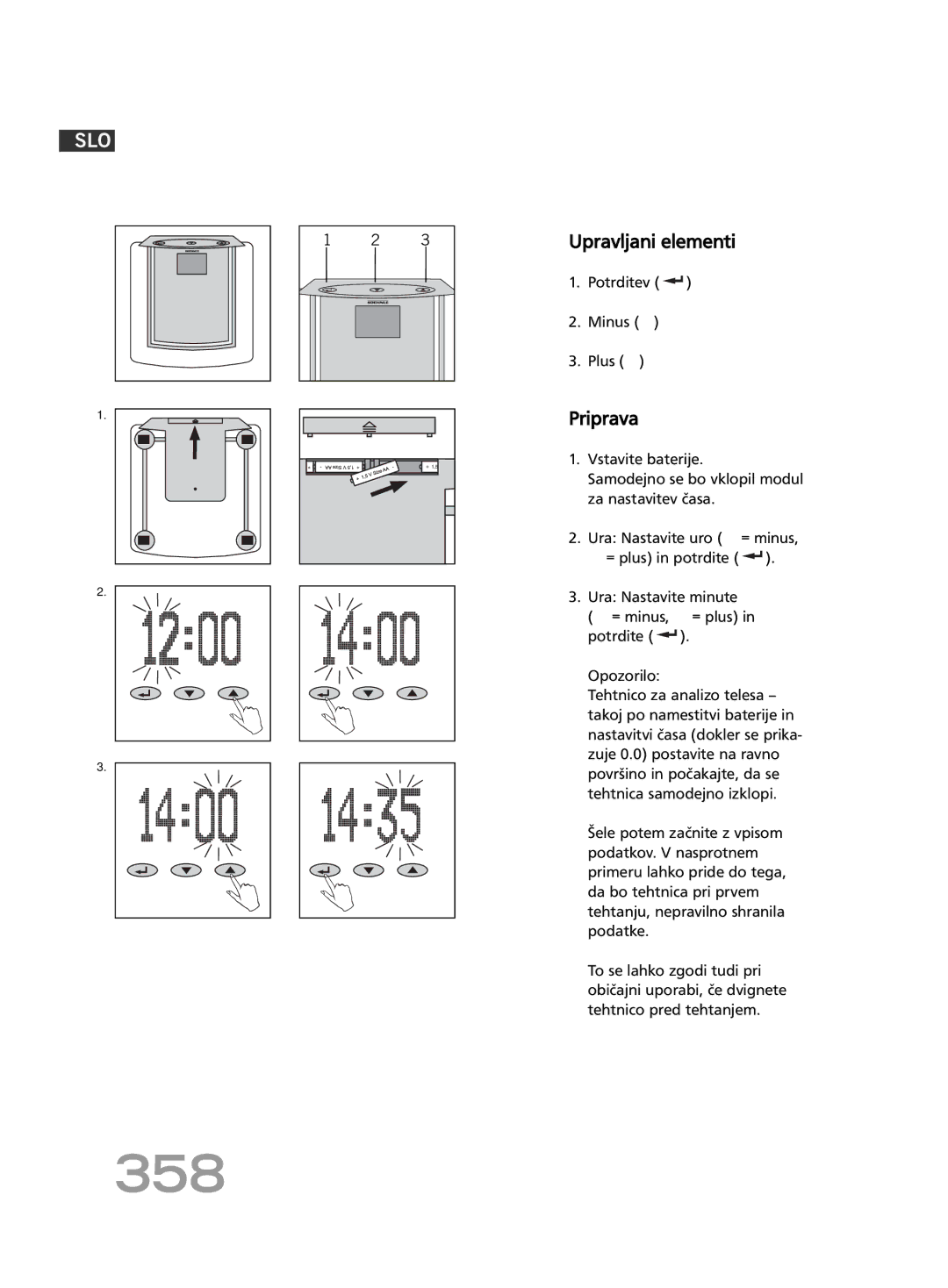 Soehnle FT4 manual 358, Upravljani elementi, Priprava, Potrditev Minus Plus 