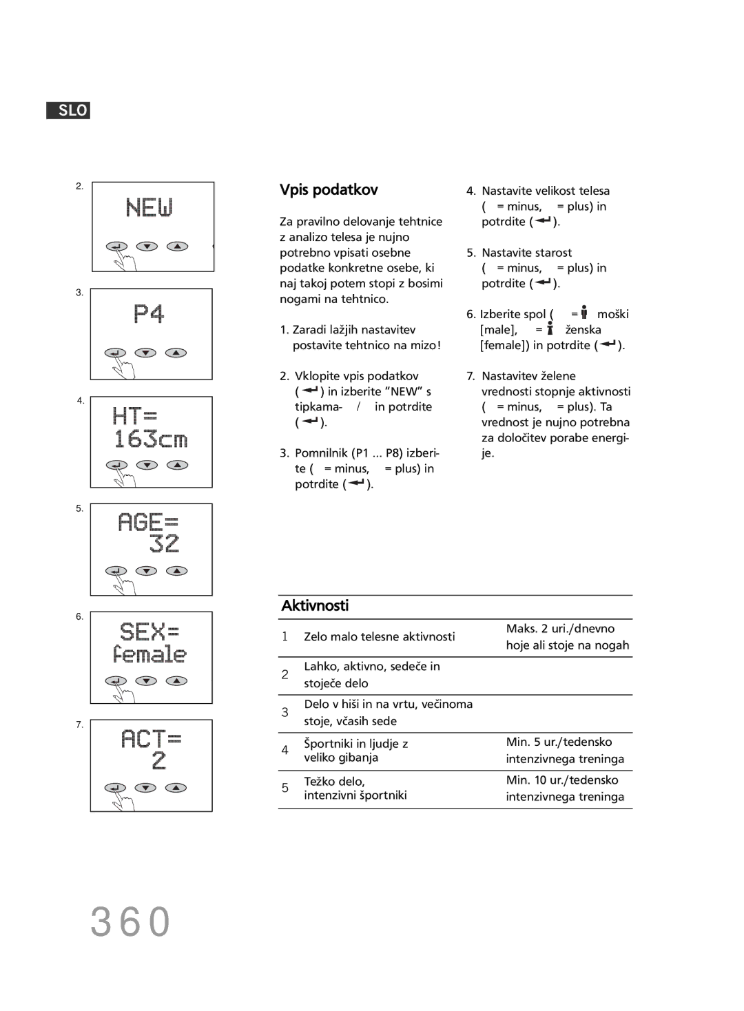 Soehnle FT4 manual 360, Vpis podatkov, Aktivnosti 